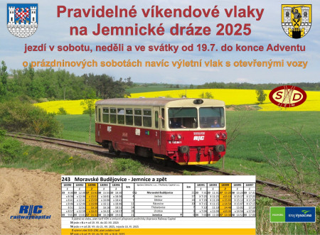 Pravidelné víkendové vlaky a Jemnické dráze 2025